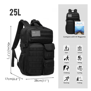 Sac à dos tactique noir 25L imperméable avec plusieurs poches, équipement tactique pour la randonnée et le camping en plein air - Product Image 2