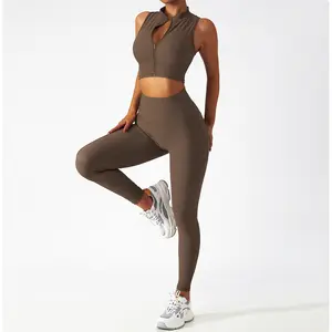 罗纹透气拉链背心瑜伽套装女训练服健身紧身跑步套装两件套裹腿运动活动套装