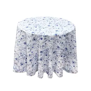 Custom Logo 58"R Polyester Cotton Blue Floral Block Print Banquet Tablecloth Birthday Round Table Cloths For Wedding Party