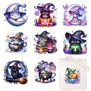 Pegatinas personalizadas impermeables de gato mágico de brujería para ropa, camisetas, vaqueros, mochilas, sombreros - Resistentes a los rayos UV y con acabado brillante - Product Image 1