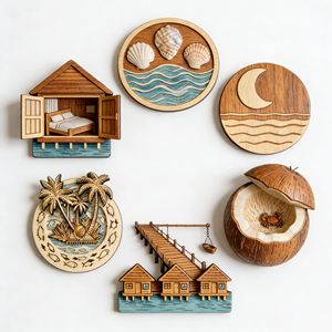 Magnete per Frigorifero Personalizzato delle Maldive con Vista sulla Spiaggia, Palma Intagliata in Legno e Logo Personalizzato - Product Image 2