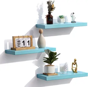 Juego de 3 estantes de pared de madera de color azul, estantería colgante para cocina, decoración del hogar, estantes flotantes de madera