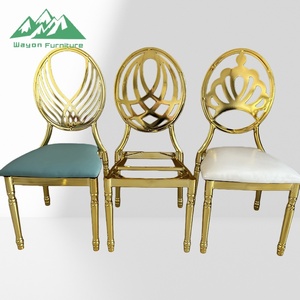 Sedia da banchetto Wayon Luxury in acciaio inossidabile dorato con cuscino blu, schienale geometrico tagliato al laser e gambe in bambù - Product Image 4