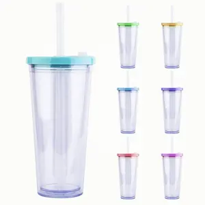 Bubble Tea Tumbler Cups 700ml Double Wall Reusable Plastic Cups With Lid And Straw