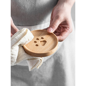 Sous-verre rond en bois naturel, style nordique, motif empreinte de patte, tapis isolant thermique pour tasses et bols - Product Image 3