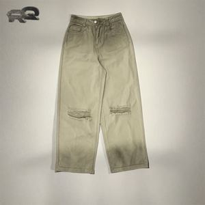 Jeans de Mujer Estilo Americano de Cintura Alta, Pantalones Largos Ajustados de Pierna Recta con Diseño Rasgado, Color Sólido, Estilo Urbano, Spice Girl, Invierno - Product Image 1