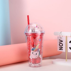Cute 450ml Four-Color Option Unicorn Cartoon Double Wall <b>Plastic</b> <b>Straw</b> Cup with Silver Sequin Decor Dome Lid for Kawaii Girls - Product Image 3