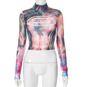 Tie Dye Print Mujeres Camisetas Otoño Thin Contrat Colores Manga completa O-cuello Crop Tees Tendencia femenina Tops - Product Image 5