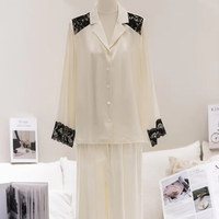 Ensemble de pyjama en soie pour femmes, col rabattu, patchwork en dentelle, manches longues, haut boutonné, pantalon à jambes larges, vêtements de nuit élégants et respirants
