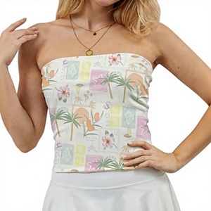 Women Strapless Printed Crop Top Floral Palm Tree Pattern Knitted Polyester Casual Spring Summer Daily Wear - Product Image 1