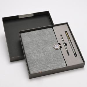Ensemble de boîte-cadeau de carnet en cuir PU minimaliste gris |   Journal de bureau personnalisé avec stylo pour les notes de réunion, papeterie de direction - Product Image 5