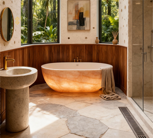 YUSHI Modern Boat Shape Naturstein Badewanne Luxuriöse durchscheinende Onyx Marmor freistehende Badewanne für Hotel Badezimmer - Product Image 5