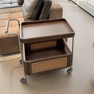 Mesa auxiliar de ruedas móviles de madera maciza con carro de almacenamiento de acero inoxidable, estante de ratán para sala de estar para organizar unidades de almacenamiento - Product Image 5