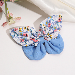 CN 2 uds 5 pulgadas tela grande azul moda lazo para el pelo estampado hecho a mano flor niña mariposa pinza de pelo para niños niñas - Product Image 3
