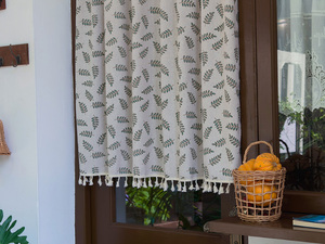 Demi-<span class=keywords><strong>rideau</strong></span> court à motif de petites feuilles vertes avec pompons blancs, à passe-tringle, pour porte de cuisine, café, ou comme housse anti-poussière pour <span class=keywords><strong>armoire</strong></span> - Product Image 4