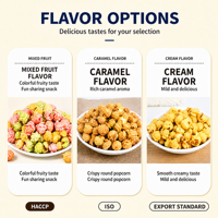 Grand bonbon en bouteille en forme d'ours, pop-corn crémeux au caramel et aux fruits, disponible en trois saveurs. Non-OGM. Sans graisses trans. Emballage personnalisable.