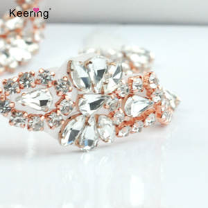 Yeux de cheval et perles rondes en forme de bande perles de verre ruban cristal strass Hot Fix Patch Applique avec chaîne en métal doré rose - Product Image 6