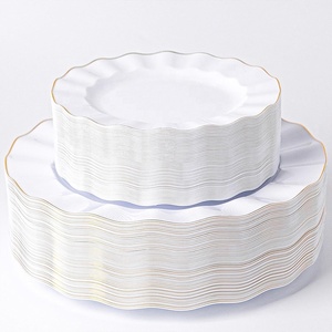 Piatti Ondulati in Plastica Usa e Getta con Bordo Dorato, Piatti Colorati per Insalata e Dessert, Stile <span class=keywords><strong>Retrò</strong></span> Irregolare, Riutilizzabili per Feste, Matrimoni, Campeggio - Product Image 1