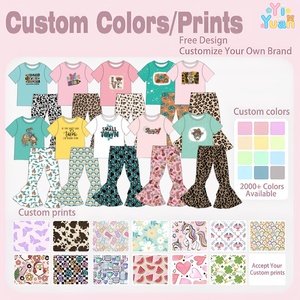 Conjunto de ropa elástica de 2 piezas para niñas pequeñas: camiseta de manga corta con estampado de cactus y pantalones acampanados con volantes y estampado de leopardo - Product Image 3
