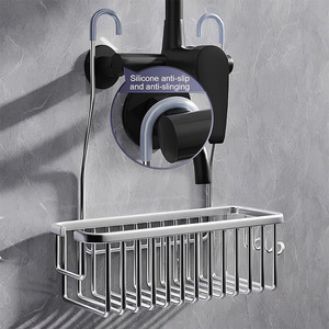 Bathroom Shower <b>Storage</b> <b>Basket</b> Silver Hook Type Punch Free <b>Wall</b> Mount Rectangle Personal Care Holder - Product Image 1