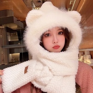 Femmes mignon doux en peluche hiver accessoires ensemble épais chaud longues mitaines à capuche Logo personnalisé brodé écharpe gants tricot - Product Image 1