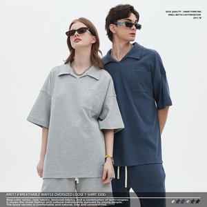 Conjunto de Camiseta Polo y Pantalones Cortos para Hombre, Estilo Casual, Transpirable, de Algodón 100%, Diseño Waffle, Hombros Caídos, Holgado, ODM/OEM - Product Image 3