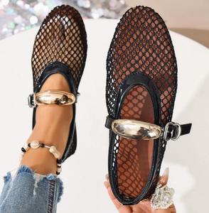 Women's Summer Flat Ballet <b>Shoes</b> with Fish Mesh Design Slip-On Closure Fashionable Buckle <b>Soft</b> Doll Feature Rubber Insole - Product Image 4