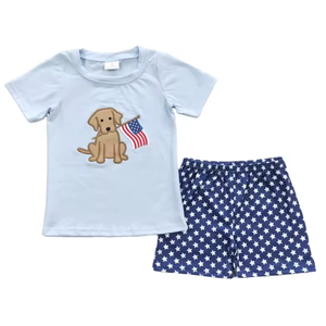 Ropa Infantil al por Mayor para el 4 de Julio, Conjuntos de Pantalones Cortos con Bordado de Cachorro y Bandera Americana, Ropa Casual de Verano para el Día Patriótico - Product Image 4
