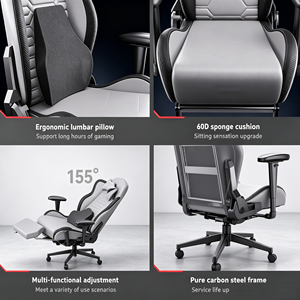 Chaise de jeu de course gris-noir avec coussin lombaire multi-contours, panneaux latéraux en fibre de carbone et repose-pieds rétractable 90-160 °   Recliner - Product Image 6