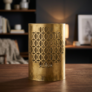 Cylindrical <b>Brass</b> <b>Lantern</b> Tea Light Candle Holder With Geometric Cutout Design For Home Office Party Birthday Decoration - Product Image 3