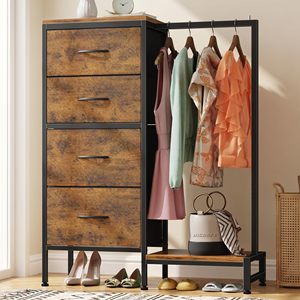 Commode suspendue SENYU à 4 tiroirs, petite armoire de chambre, réversible, en tissu et acier, cadre robuste, marron rustique, 44''H - Product Image 1