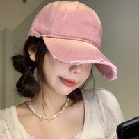 Gorra de Béisbol Desgastada con Estilo Desgarrado, Color Rosa, Visera Ancha, Mezcla de Algodón, Ajustable, para las Cuatro Estaciones, Estilo Neutral para Mujer