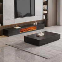 Meuble TV moderne à flamme simulée, meuble décoratif avec design de cheminée, table basse en marbre rocheux