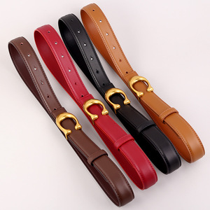Cinturón <span class=keywords><strong>de</strong></span> <span class=keywords><strong>Cuero</strong></span> Genuino <span class=keywords><strong>para</strong></span> <span class=keywords><strong>Mujer</strong></span> con Hebilla Dorada en Forma <span class=keywords><strong>de</strong></span> C, Cinturón <span class=keywords><strong>de</strong></span> Color Sólido - Product Image 1