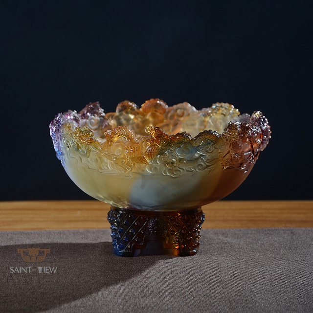 Handmade Casting Art Glass Chinese Dragons Treasure Bowl Fengshui Ornaments