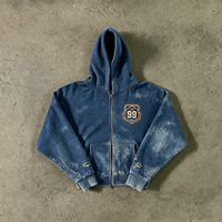 Sweat à capuche zippé bleu épais, délavé vintage, effet usé, avec badge 99, délavé à l'acide, style streetwear, effet soleil, en molleton de coton pour homme