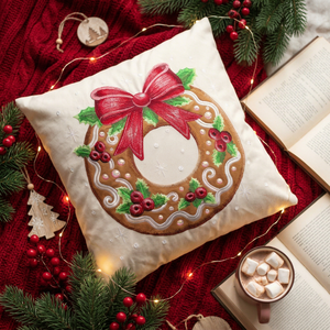 Cream Velvet <b>Throw</b> Pillow Cover with Zipper Closure Removable & Washable Embroidered Gingerbread Wreath and <b>Red</b> Bow Design - Product Image 1