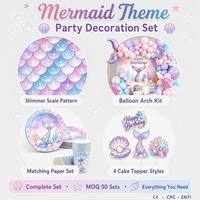 Lot de Vaisselle Thème Sirène pour Anniversaire – Assiettes, Serviettes et Bannière – Idéal pour Décorations de Fête d'Anniversaire de Filles