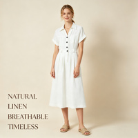 Robe chemise décontractée pour femme, personnalisée OEM, en coton et lin rayé, col polo, longueur midi, taille naturelle, écologique