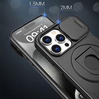 Pour iPhone 15 Pro Max 14 Plus 13 Creux 360 Rotation Béquille avec Lentille Coulissante Fenêtre Protection Forte Magnétique Téléphone Cas