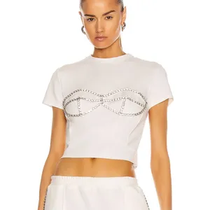 Donne Camicie T-Shirt Strass Crop Casual Top Camicie Brevi Camicette delle Parti Superiori Della Signora