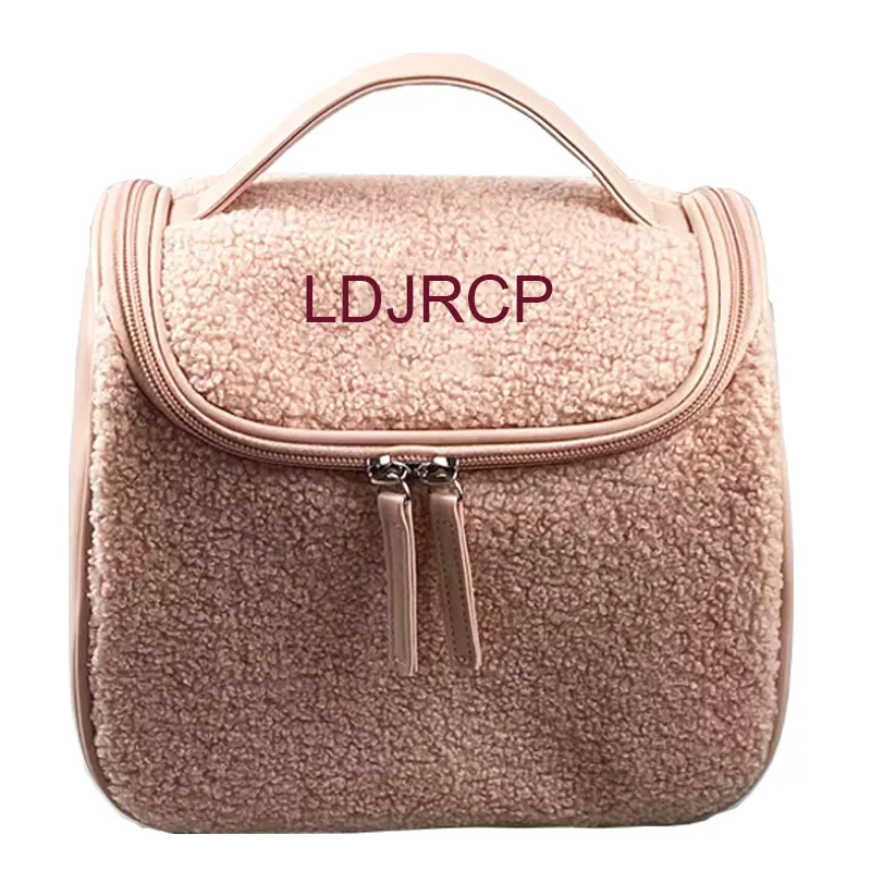 ISO Factory Custom Super Soft Lambswool PU Aesthetic Storage Pouch Women Travel Makeup Hanging Toiletry Bag Plush Cosmetic Bags