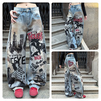 Pantalon long ample et délavé style vintage avec imprimé personnage anime American High Street, coupe courbée en denim tendance