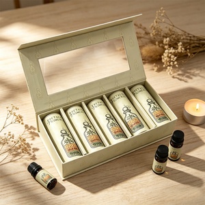 Light Green Rigid <b>Gift</b> Cardboard <b>Box</b> with <b>Clear</b> Window Rectangular Essential Oil Storage <b>Box</b> with Elegant Pattern Design - Product Image 1