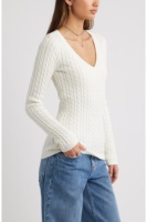 Pull en maille torsadée blanc ajusté à col en V pour femme - Vente en gros Joydressing