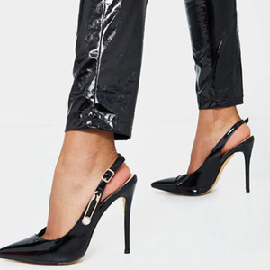 Reflective PU Upper Ankle Buckle Strap Women Dress Shoes High Thin Heel Solid Pointed Toe Slingback Ladies Sandals Big Size 43 - Product Image 1