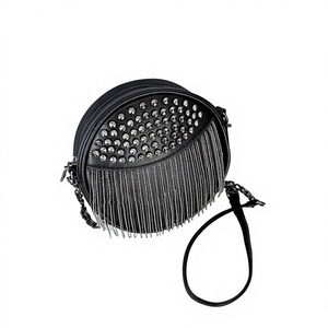 Women's <b>Black</b> <b>Small</b> Shoulder Tote <b>Bag</b> New Fashion Trendy Rivet Tassel Closure Cotton Cover Tassel <b>Bag</b> Tanjing - Product Image 1