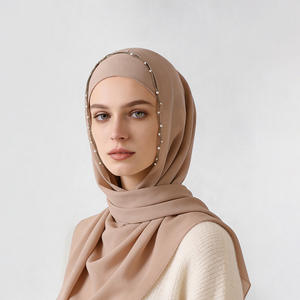 Nuevo Hiyab de Chifón Largo <span class=keywords><strong>para</strong></span> <span class=keywords><strong>Mujer</strong></span>, con Cuentas de Perlas y Borde Ondulado, Estilo <span class=keywords><strong>Turbante</strong></span> Árabe de Oriente Medio - Product Image 1
