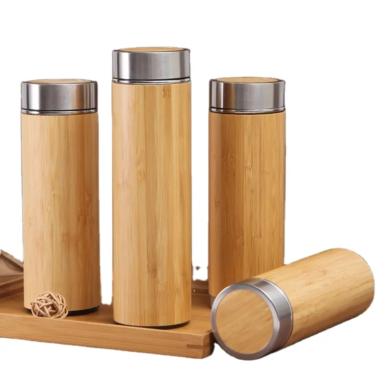 High Quality Bamboo Thermos Vacuum Flask Stainless Steel Tea Bottle with Infuser Durable Cup