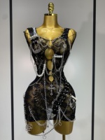 Robe de soirée courte à chaîne droite ornée de diamants, tenue de luxe pour femmes, sexy, ajourée, pour boîte de nuit, spectacle, chanteuse, danseuse
